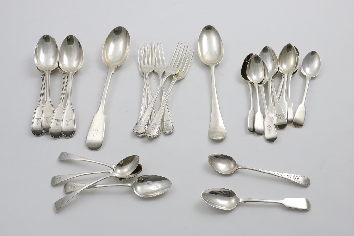 ASSORTED ANTIQUE FLATWARE:- A matched set of four Fiddle Thread dessert spoons, five Thread