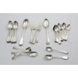 ASSORTED ANTIQUE FLATWARE:- A matched set of four Fiddle Thread dessert spoons, five Thread