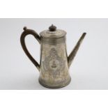 A VICTORIAN ENGRAVED COFFEE POT with a tapering cylindrical body & bead borders, inscribed on one