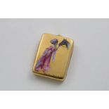 AN EDWARDIAN 18 CT. GOLD VESTA CASE of plain rectangular form with rounded corners, enamelled on the