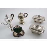 OLD SHEFFIELD PLATE:- A pair of sauce tureens and covers with mounted ivory feet, crested, a waxjack