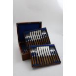 A VICTORIAN CASED SET OF TWENTY FOUR AGATE HANDLED DESSERT KNIVES and twenty four forks with