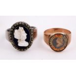 GEORGE III AND QUEEN CHARLOTTE A gold mourning ring with enamelled portrait of the King and a silver