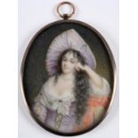 ENGLISH SCHOOL Miniature portrait of a lady wearing lavender silk jewelled hat and dress, half