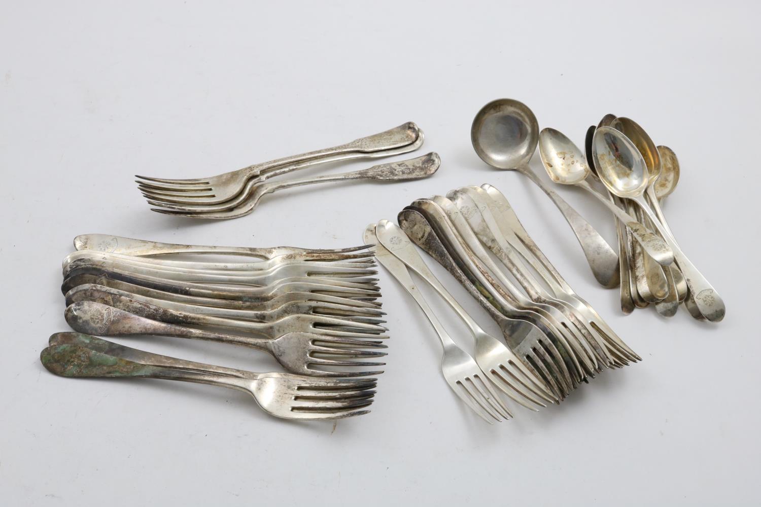 MISCELLANEOUS FLATWARE:- Eleven various George III / IV dessert forks, twelve table forks and eleven