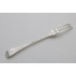 A GEORGE III SCOTTISH PROVINCIAL TABLE FORK Hanoverian pattern with three prongs, engraved with a