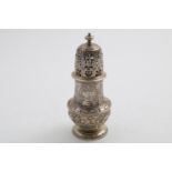 A GEORGE I CASTER of vase form with a high-domed cover and knop finial, the body with chased and