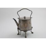 A VICTORIAN ENGRAVED KETTLE ON STAND with burner and bead borders, crested, maker's mark
