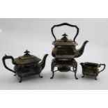 A GEORGE V MATCHING KETTLE ON STAND WITH BURNER, TEA POT AND MILK JUG crested, by C. Boyton &