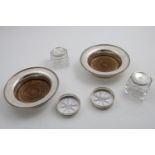 A PAIR OF VICTORIAN ELECTROPLATED WINE COASTERS with engraved and bead borders, a pair of small