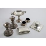 A MIXED LOT:- A square capstan inkwell with pen rests, a Continental tazza, a pair of octagonal