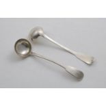 A PAIR OF VICTORIAN SCOTTISH PROVINCIAL FIDDLE PATTERN TODDY LADLES initialled "M" and numbered "11"