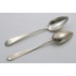 A PAIR OF GEORGE III SCOTTISH PROVINCIAL TABLE SPOONS with pointed terminals, crested, by John Heron