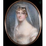 MRS ANNE MEE Miniature portrait of a lady wearing white gauze veil and silk dress, half length, oval