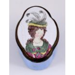 A STAFFORDSHIRE ENAMEL PATCH BOX shaped oval, the cover with portrait, possibly of Queen Charlotte