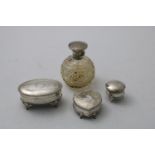 A CUT-GLASS AND SILVER SCENT BOTTLE Birmingham 1919 and three trinket boxes, heart-shape