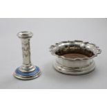 A GEORGE V SINGLE CANDLESTICK with enamelled decoration around the base, maker's mark "P&S",
