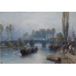 MYLES BIRKET FOSTER, RWS (1825-1899) RIVER SCENE WITH BARGES, FIGURES WITH A HORSE ON THE PATH