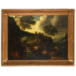 MANNER OF PAUL BRIL (c.1553-1626) FANTASTIC LANDSCAPE WITH A CHURCH BY A WATERFALL, A SPORTSMAN WITH