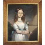 ENGLISH PROVINCIAL SCHOOL, mid-19th CENTURY PORTRAIT OF A GIRL Standing, half length, by a pillar,