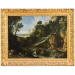 PAUL BRIL (1554-1626) MOUNTAINOUS LANDSCAPE WITH SATYRS AND GOATS BY A CASCADE Signed P. BRILL D,