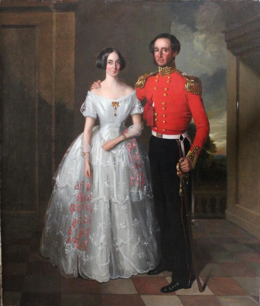 CIRCLE OF WILLIAM SALTER (1804-1875) PORTRAIT OF A UNIFORMED OFFICER WITH HIS WIFE, STANDING IN AN