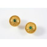A PAIR OF EMERALD AND GOLD EARRINGS BY LALAOUNIS each earring centred with a cabochon emerald within