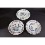 ANTIQUE DELFT PLATES mostly 18thc, including three painted in various colours, including one with an