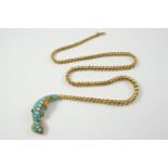 A VICTORIAN GOLD, TURQUOISE AND PEARL SNAKE NECKLACE the head mounted with turquoise cabochons and