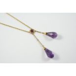 AN AMETHYST DROP NECKLACE formed with two briolette amethyst drops, suspended from a circular-cut