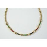 A RUBY, EMERALD, SAPPHIRE, DIAMOND AND GOLD NECKLACE the gold necklace formed with alternate