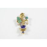 A VICTORIAN ENAMEL, TURQUOISE AND PEARL SET GIARDINETTO BROOCH with blue guilloche enamel decoration