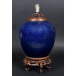 19THC CHINESE PORCELAIN JAR & COVER a large jar with a dark blue glaze and brown stained rim, with a