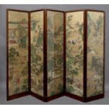 19THC CHINESE HAND PAINTED FOLDING SCREEN a large and impressive five fold mahogany framed folding