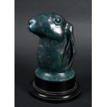 CONTEMPORARY BRONZE HARE - SIGNED a patinated modern bronze bust of a hare, mounted on a circular