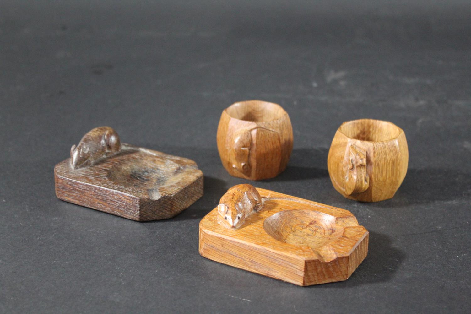 ROBERT THOMPSON OF KILBURN - MOUSEMAN a mixed lot including two small oak dishes and two oak
