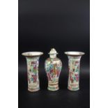 CHINESE CANTON GARNITURE - FAMILLE ROSE 19thc, including a pair of cylindrical vases with flared