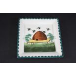 WEMYSS DISH - BEEHIVE a square shaped dish painted with a beehive and bees, and with a green painted