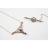 AN AMETHYST AND PEARL SET NECKLACE the openwork mount set with an oval-shaped amethyst and with