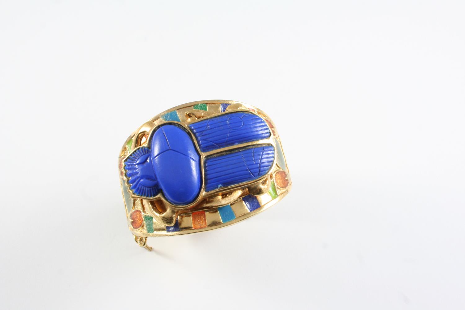 A TUTANKHAMUN SCARAB NECKLACE AND CUFF with enamel decoration, the necklace 11.4cm wide, the cuff - Image 2 of 2