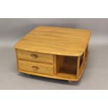 ERCOL PANDORA COFFEE TABLE Model No 735, a light elm square shaped coffee table with two drawers