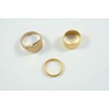 A 9CT GOLD SIGNET RING engraved with initials, 7.5 grams, size W, together with two 22ct gold