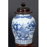 LARGE CHINESE CHIA CH'ING BLUE & WHITE JAR & COVER, & WOODEN STAND Jiaqing period and circa 1800, of