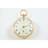 AN 18CT GOLD OPEN FACED POCKET WATCH BY BARRAUDS, LONDON the signed white enamel dial with Roman