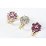 A RUBY AND DIAMOND CLUSTER RING mounted with circular-cut rubies and diamonds in gold, size M,
