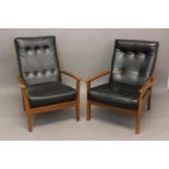 CINTIQUE - PAIR OF MID CENTURY DESIGNER CHAIRS a pair of wooden framed chairs, with black leather