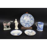 PEARLWARE including a blue and white tankard with a transfer printed design of buildings by a