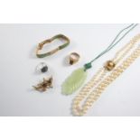 A QUANTITY OF JEWELLERY including a double row graduated cultured pearl necklace with gold clasp,