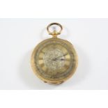 AN 18CT GOLD OPEN FACED POCKET WATCH the gold foliate engraved dial with Roman numerals, metal