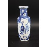 CHINESE ROULEAU BLUE & WHITE VASE a late 19thc vase with shaped panels to each side painted with a